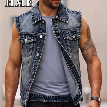 Men's Frayed Vintage Denim Vest 5 American Streetwear Men's Frayed Denim Vest Vintage Washed Turn Down Collar Sleeveless Jean Jacket Spring Summer 5