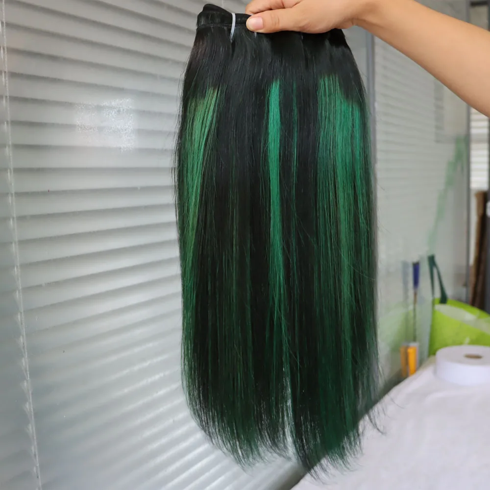 تسليط الضوء على أومبير البيانو اللون تسليط الضوء على 1B الأخضر الهندي وصلات شعر بشرية نسج لحمة مزدوجة عذراء شعر ريمي حزم هبوط السفينة