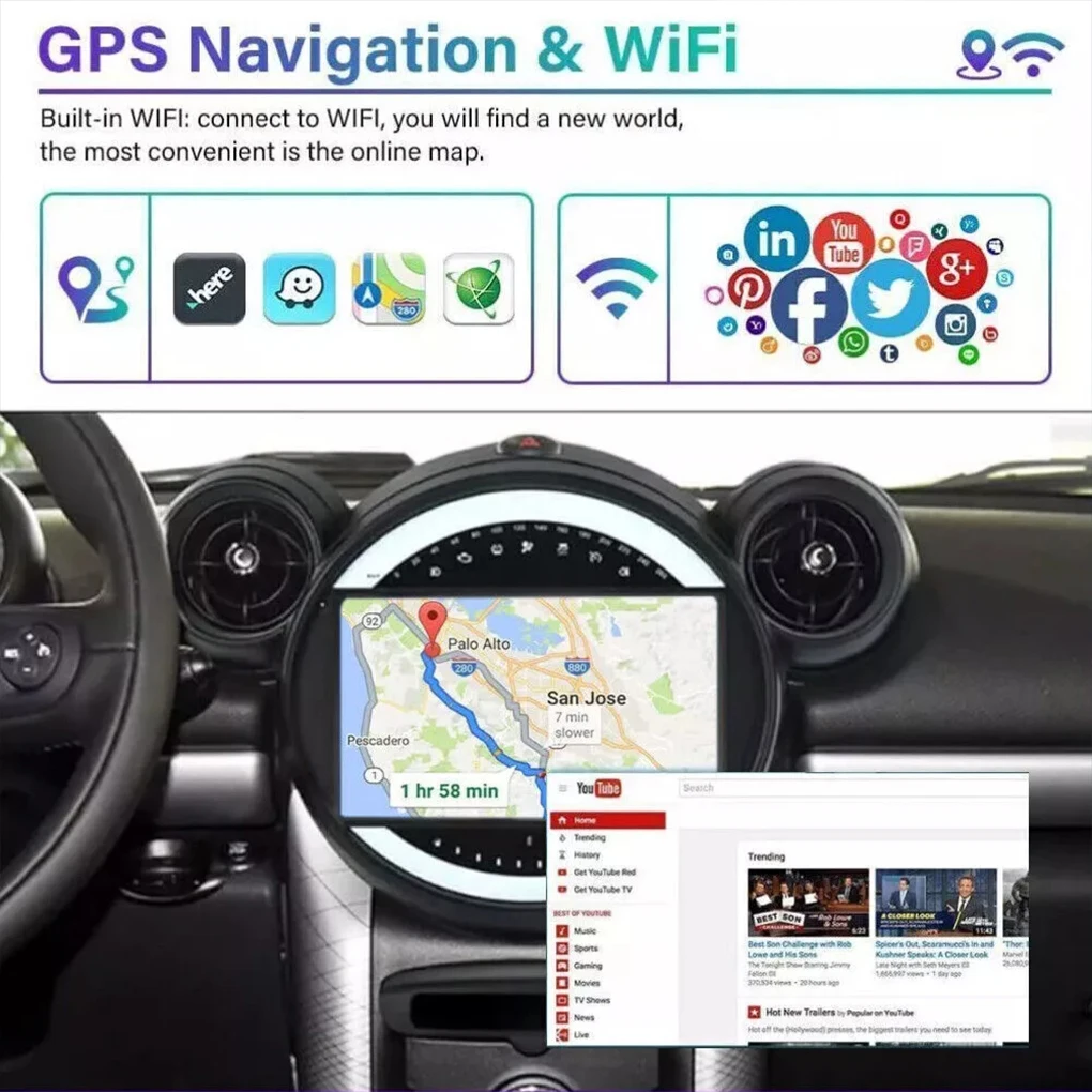 راديو سيارة بشاشة تعمل باللمس مع التحكم في عجلة القيادة واتصال بلوتوث متوافق مع Sat Nav 1+32G
