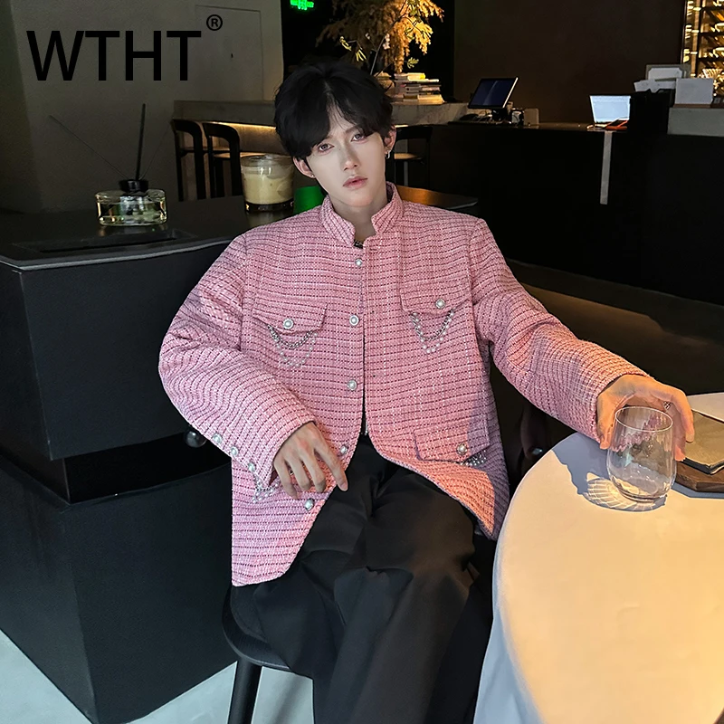 WTHT Fashion Men's Heavy Industy Plaid Beads Design Coats Trendy 2025 Autumn Round Collar Long Sleeves Jackets Male 2A2211