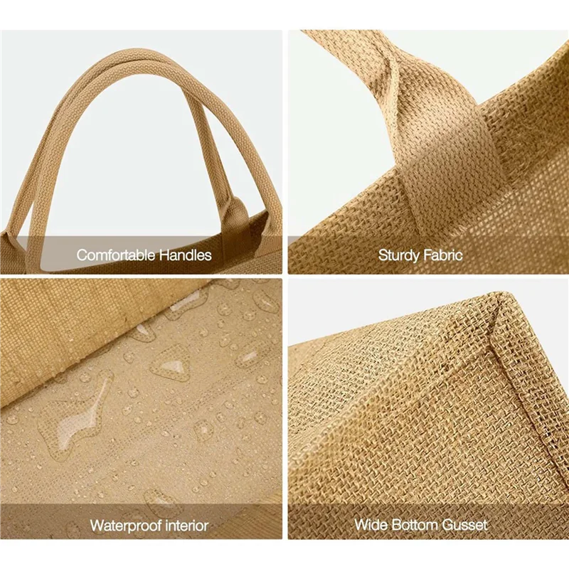 

6X Burlap Jute Tote Bags Reusable Cotton Shopping Grocery Bag With Handles, Laminated Interior, Bridesmaid Tote Bags