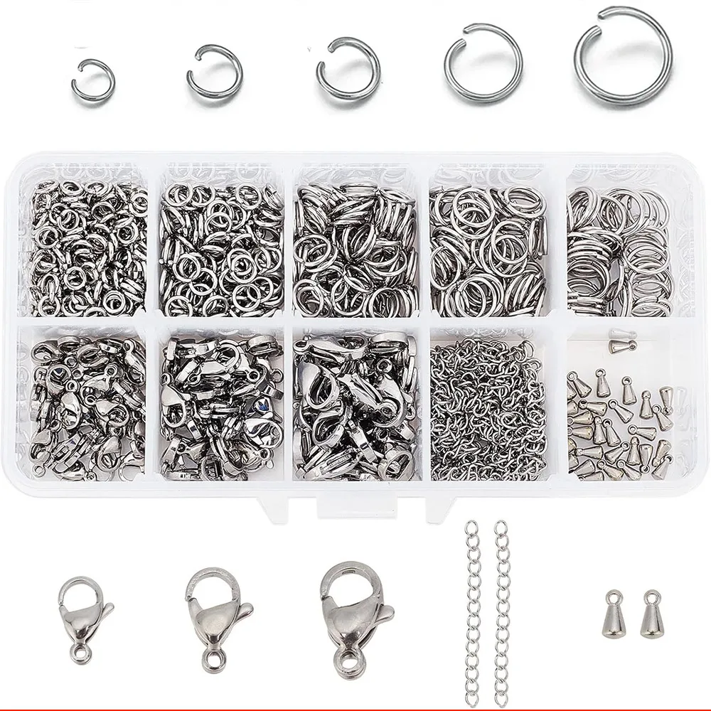 

1140pcs Stainless Steel Jump Ring Lobster Claw Clasp Tail Waterdrop charm Set for DIY Necklace Bracelet End Components Materials