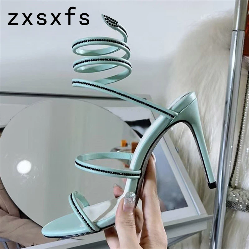 

Designer Brand High Heels Sandals Women Snake Circle Ankler Strap Party Shoes Woman Sexy Runway Stilettos Shiny Crystal Sandals