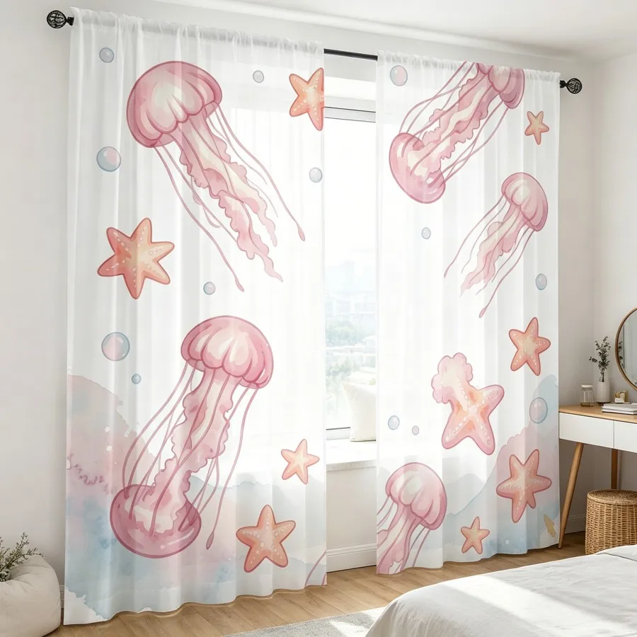2PCS Digital Print Sheer Curtain, Pink Jellyfish Starfish, Boho Chic Window Curtains for Living Room Bedroom Home Decor