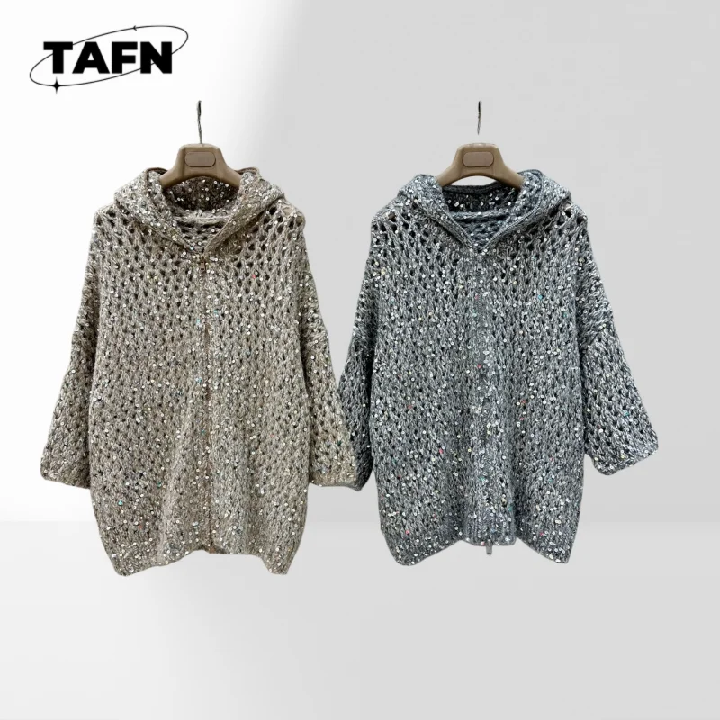 

Crocheted Inserted Beads Hooded Coat Mohair Elegant Vintage Style Cashmere Cardigan 2025, Warm and Soft for Everyday AG1503