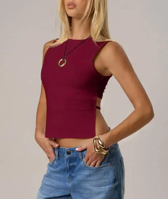 

Summer New Elegant and Fashionable High Street Style Wine Red Simple Round Neck Waist Strap Design Sleeveless Tank Top