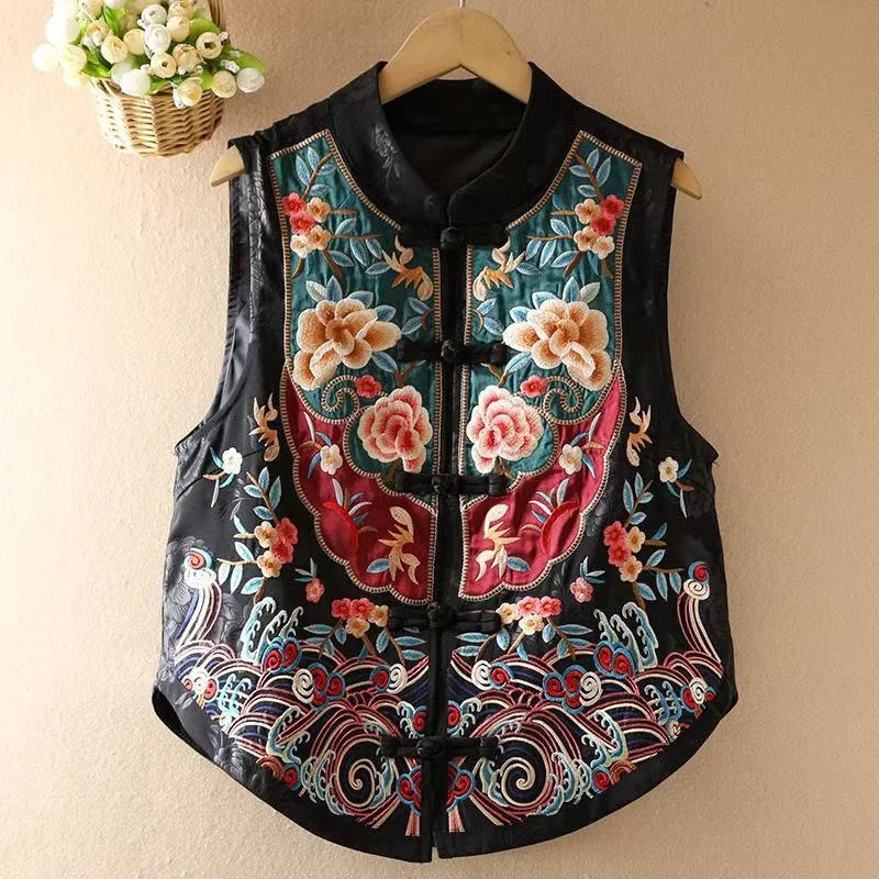 Spring Autumn New Chinese Buckle Retro Embroidered Vest for Women National Style Vest