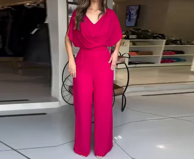 Jumpsuit Woman V-Neck Pleated High Waisted Spliced Wide Leg Jumpsuit Pants Simple Commuting Style Casual Elegant Jumpsuit