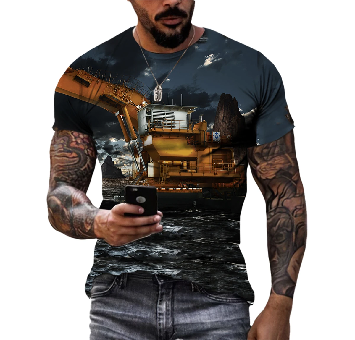 Summer New Men\'S Excavator 3d Printed T-Shirt O Neck Short Sleeve Personality Mechanical Engineering Vehicle Graphic Top