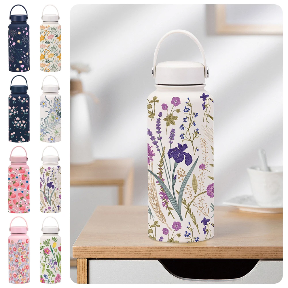 1000ml Stainless Steel Insulated Bottle Thickened Large Capacity Sports Water Bottle Wide Mouth with Handle Printed Cup