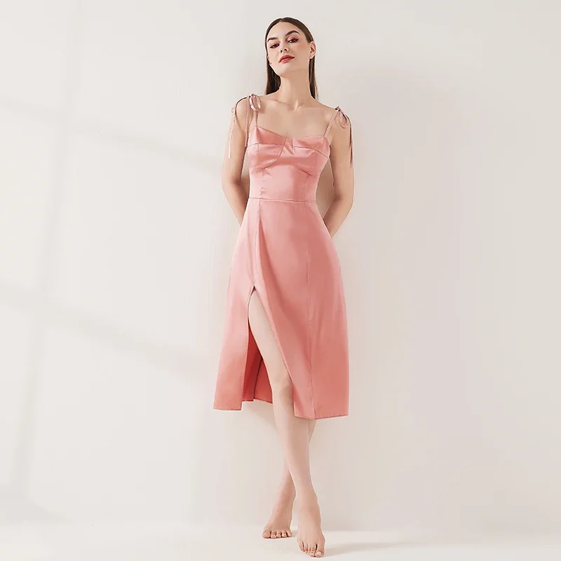 

Retro Elegant 100% Mulberry Silk Lace-up Nightgown Slim Fit Slit Pajama Dress Homewear Slip Chemise Nightdress Loungewear Pajama