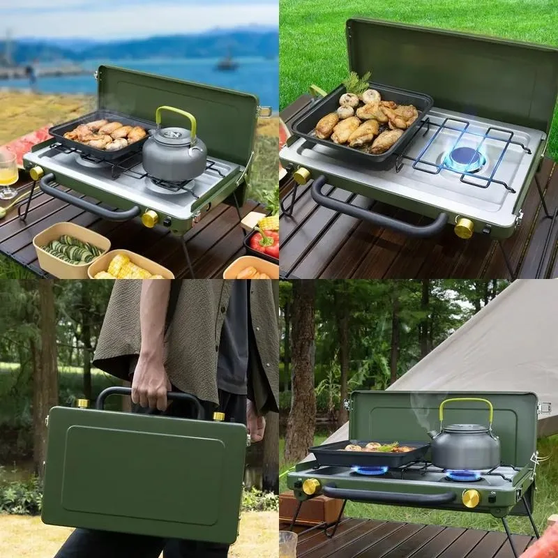 Portable Double Burner Foldable Camping Stove Small Gas Cooker for Outdoor Cooking