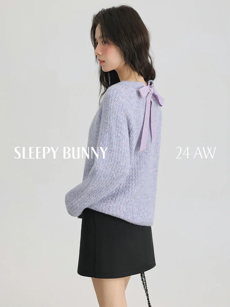 Loose Fit Round Neck Sweater Women Spring Casual Pullover Soft Knit Top with Ribbon Tie Elegant Oversized Lightweight Jumper