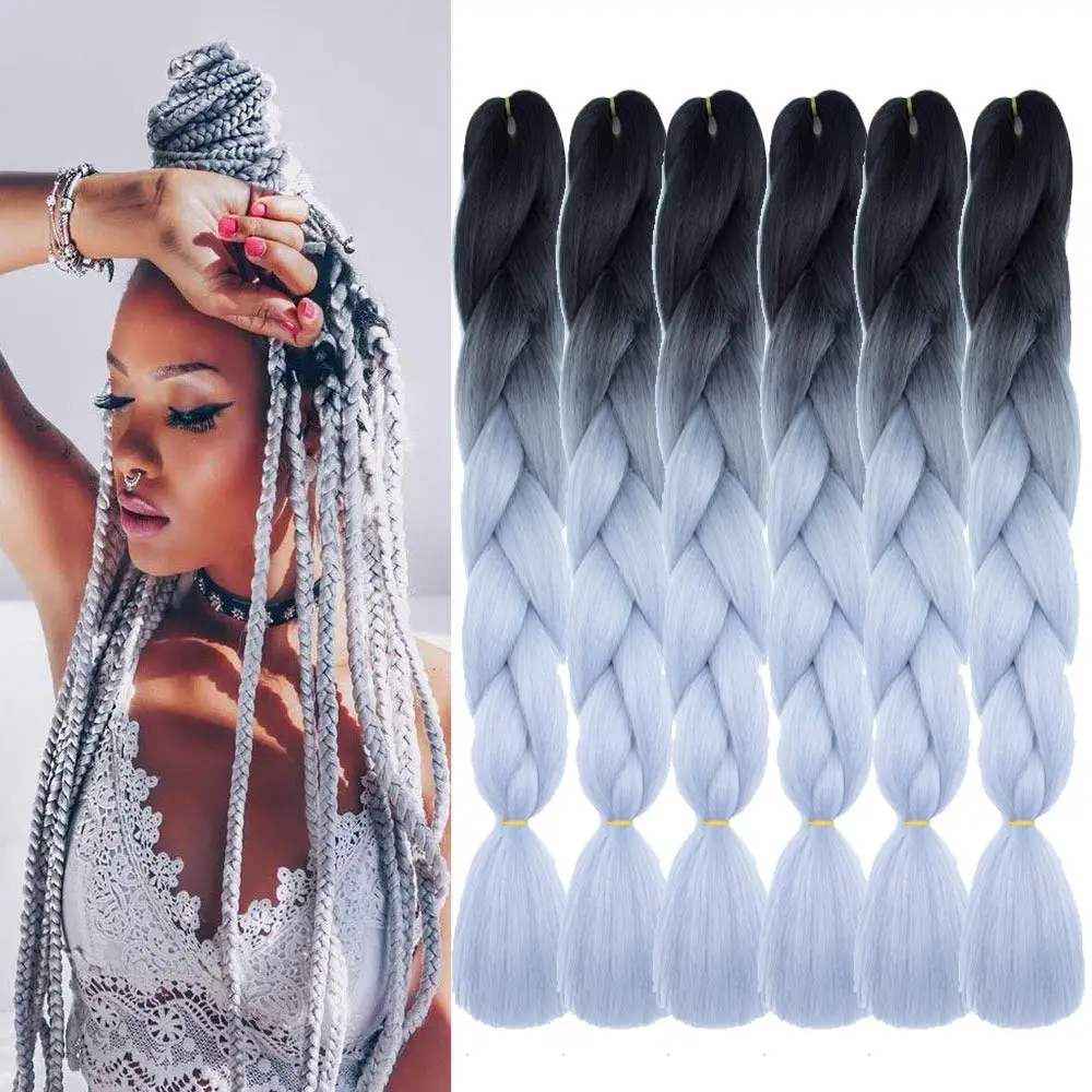 

Pre-stretched braids easy braids synthetic fiber crochet hair gradient black to silver gray extensions on promotion