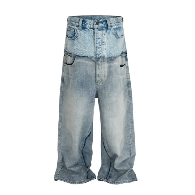 HKSH Spring Autumn New Men Tide Punk Ripped Denim Pants Women Spliced Double Layer Waist Baggy Jeans Streetwear Chic Ins HK3747