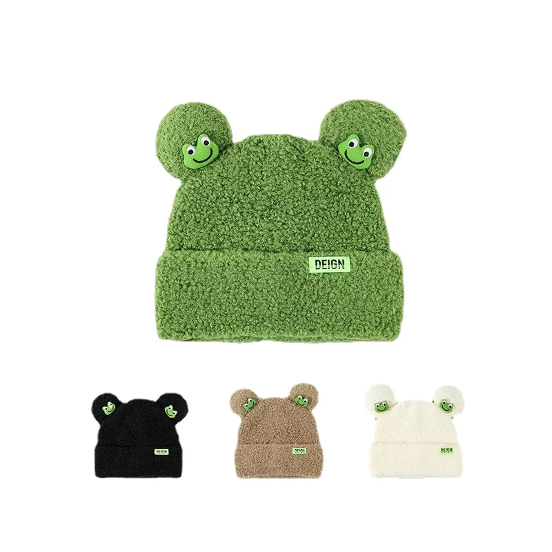 Beanies for Women Lamb Velvet Hat Cute Frog Hat Women's Winter Warm Bunny Ear Hat Cartoon Casual Pullover Hat  Bonnet Balaclava