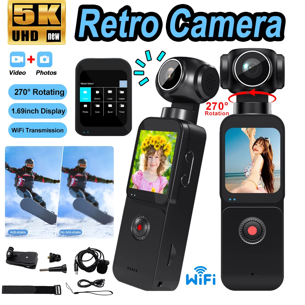 

5K Ultra Action Camera 1.69" Touch Screen with WIFI Pocket Video Camcorder 270° Vlog Sports Cam Helmet Bicycle Driver Recorder