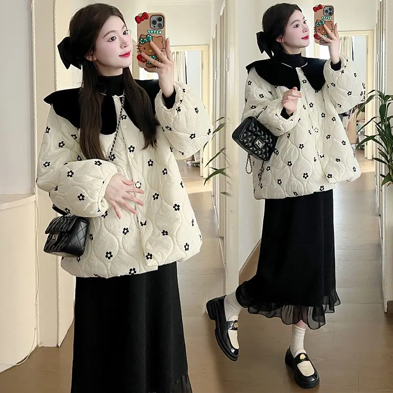 Korean Style Fashion Sweet Doll Collar Cotton Jackets for Women Autumn Winter Vintage Elegant Loose Casual Floral Printed Coats