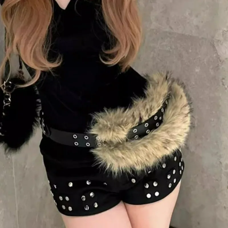 ブラウンヴィンテージ女性フェイクファーベルト Y2K 美的アクセサリーパンクウエストバンド PU レザーベルトぬいぐるみウエストチェーンファッション装飾