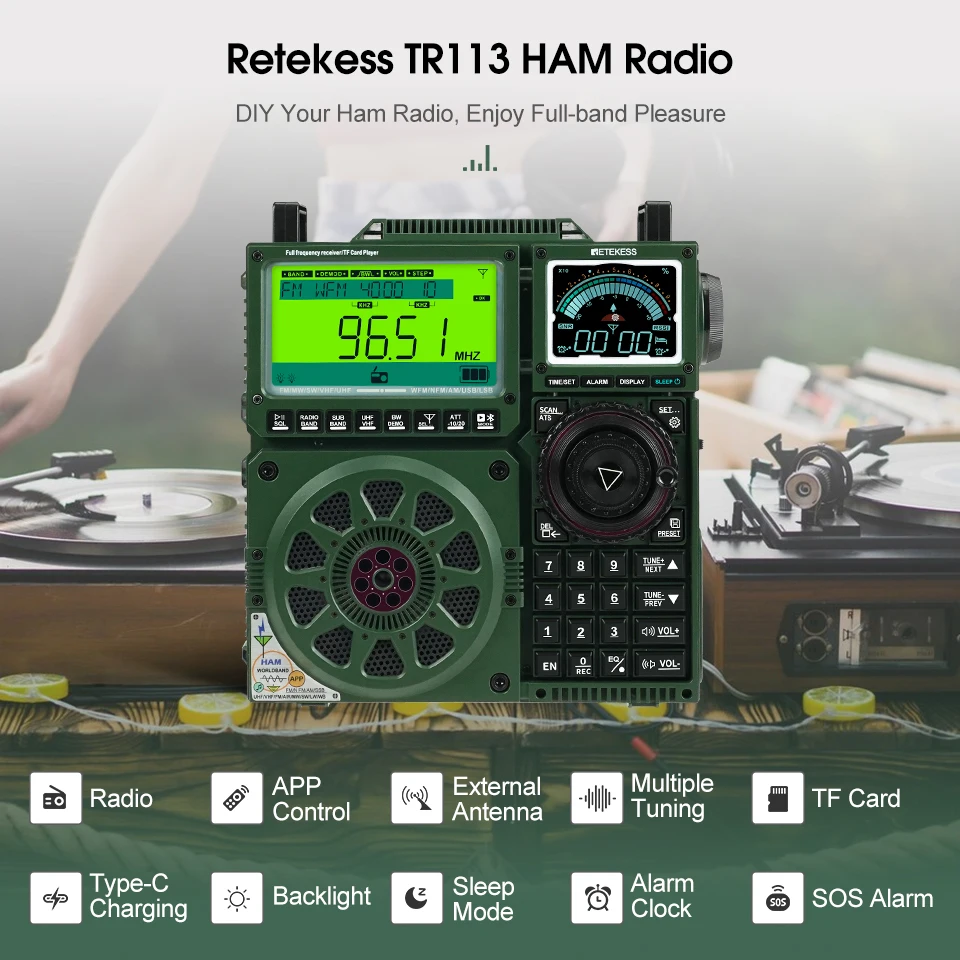 RETEKESS TR113 Portable Shortwave FM Radio Full Band VHF UHF SSB Ham Radio Antenna Bluetooth Digtal Receiver for Camping Amateur