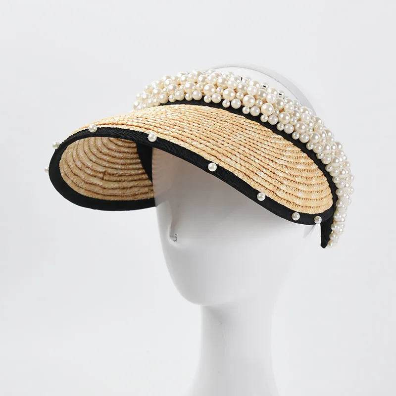 

Summer Hat for Women Straw Hat Handmade Empty Top Pearl Peaked Cap Sun Hat Visor Curved Brim Beach Hat Sun Protection vacation