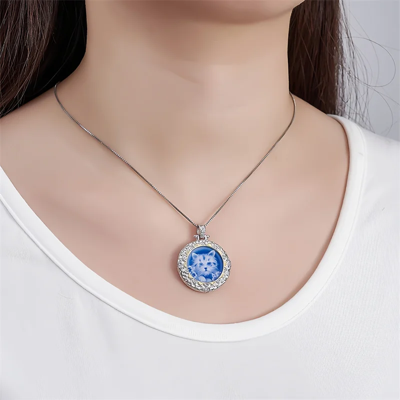BBOCAI NEW S925 Sterling Silver Pendant Stud Earrings for Women Relief Cat Blue Agate Charms Gilded Ear Stud Fine Choice Jewelry