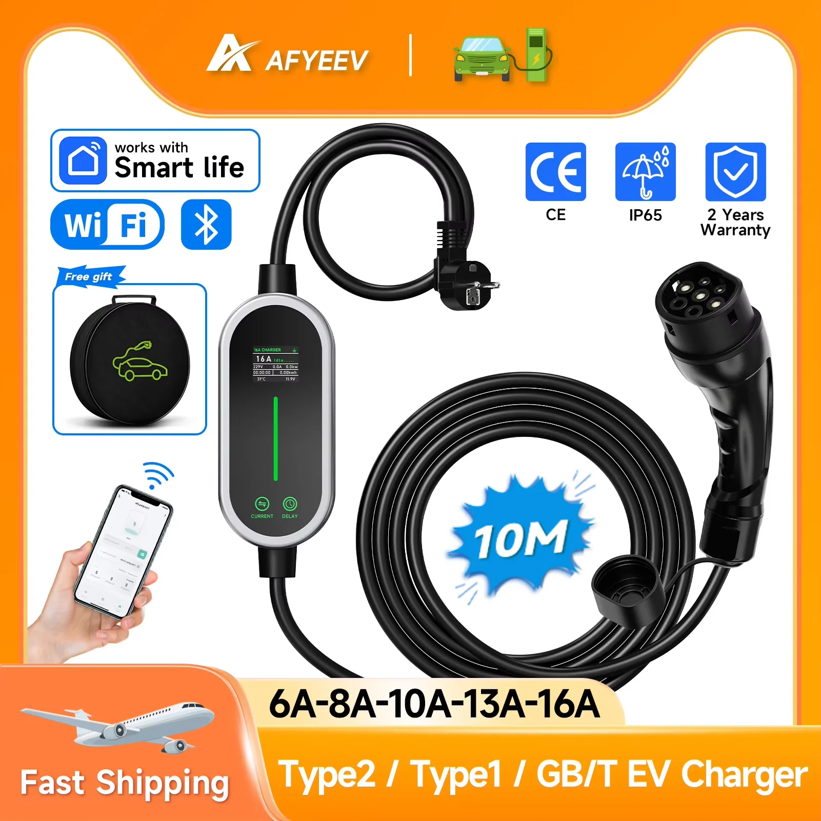 AFYEEV 3.6KW 16A Type 2 Smart Portable EV Charger Type1 GB/T EVSE Charging Cable WiFi Bluetooth APP Remote Control 5M &10M