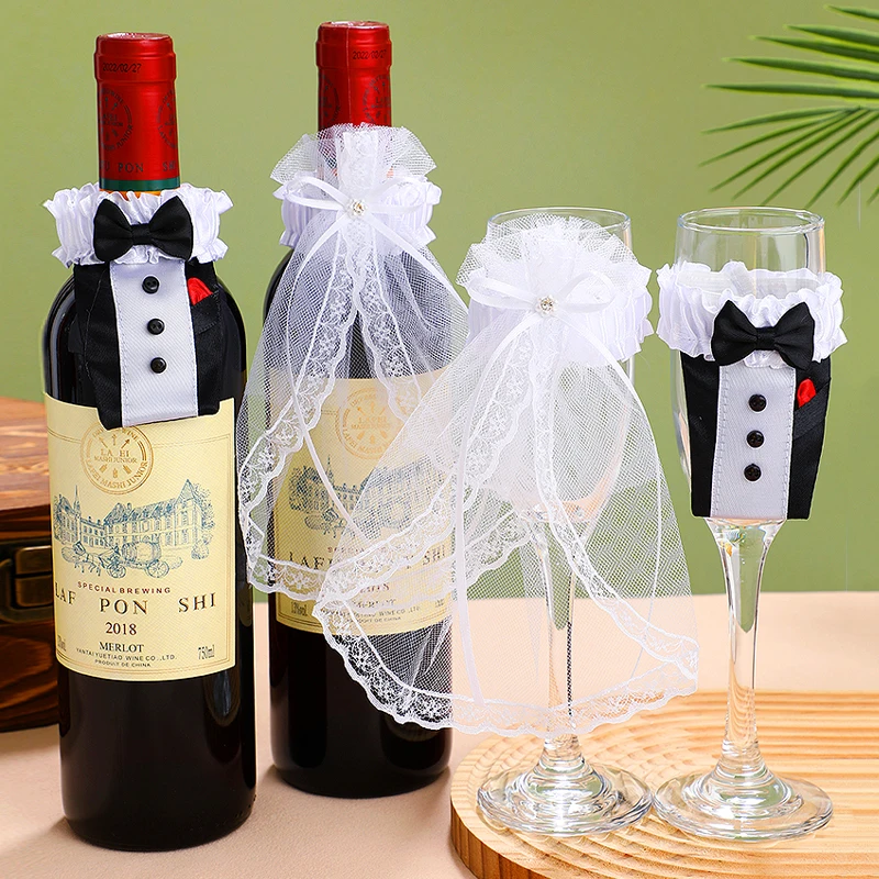 1set Mr&Mrs Wedding Champagne Glasses Decor Bride and Groom Toasting Bridal Shower Gifts Wedding Red wine bottle Accessories