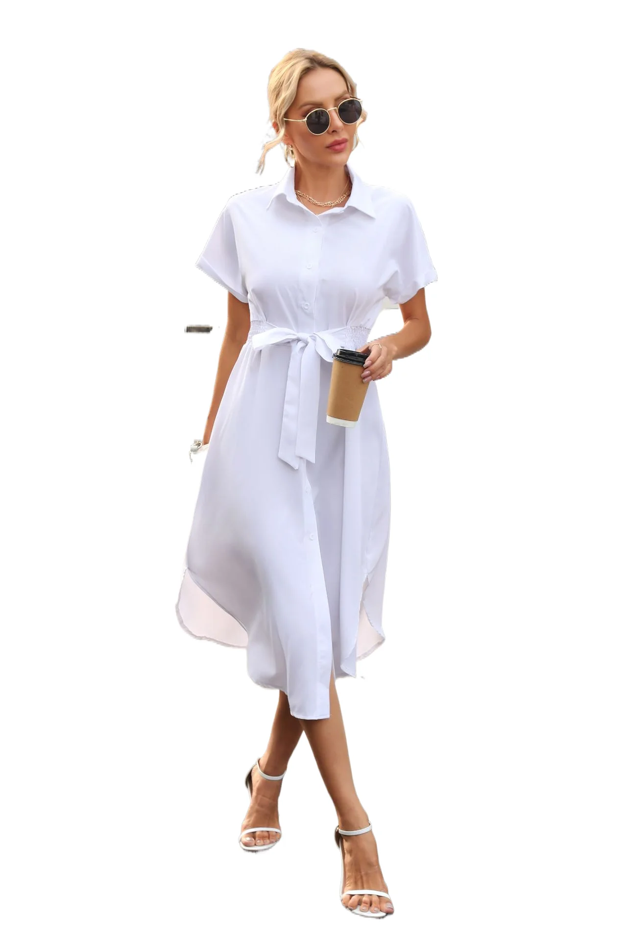 

White Sundresses for Women Short Sleeve Belt Mid Skirt Women Summer New European And American Women's Clothing Maxi Sundresses
