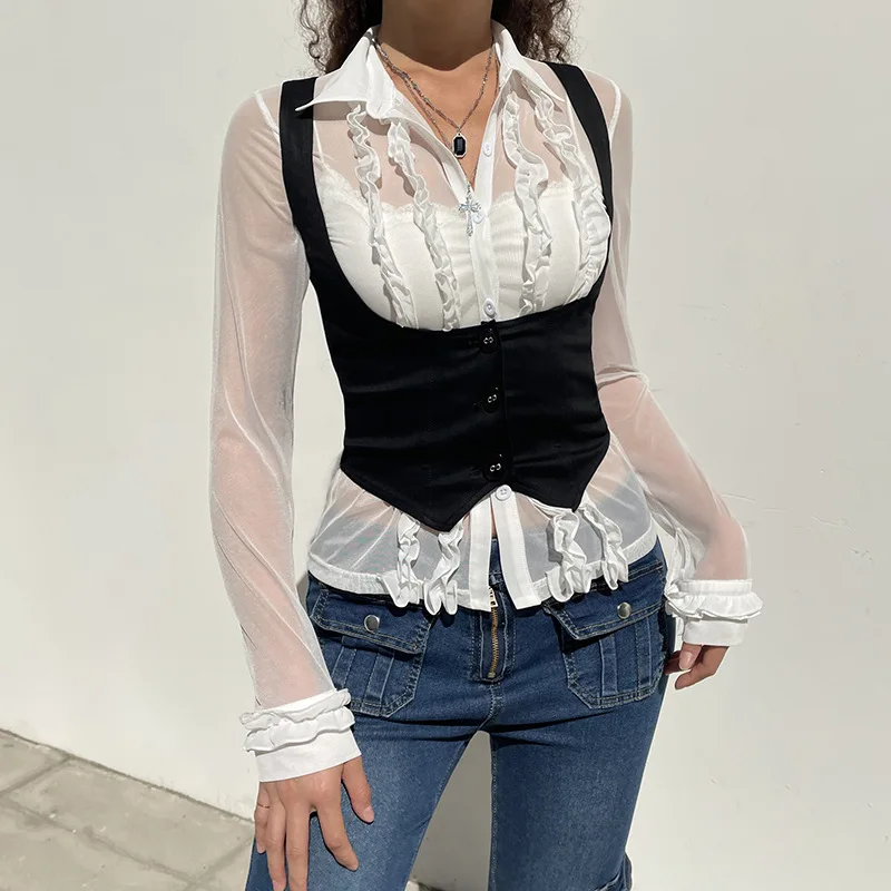 Streetwear Black Sleeveless Waistcoat Vest Women Button Front Slim Corset Vest Casual Versatile Layer Crop Tank Top