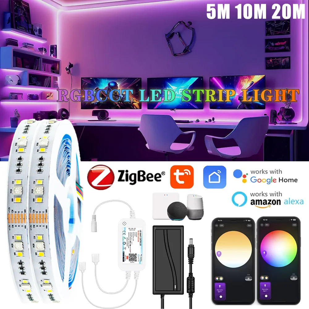 Zigbee 3.0 DC24V Home Lamp Strip 2835 RGBCCT LED Strip Flexible LED String Light Home Decor Tuya Zigbee APP for Alexa Google