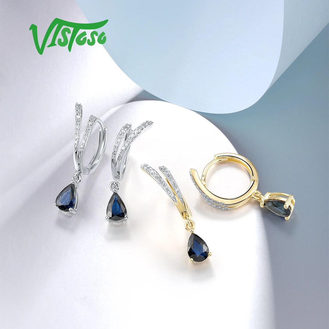 VISTOSO-pendientes de aro de oro blanco/amarillo/Rosa de 14K 585, zafiro azul brillante, rubí, joyería fina única para fiesta de boda