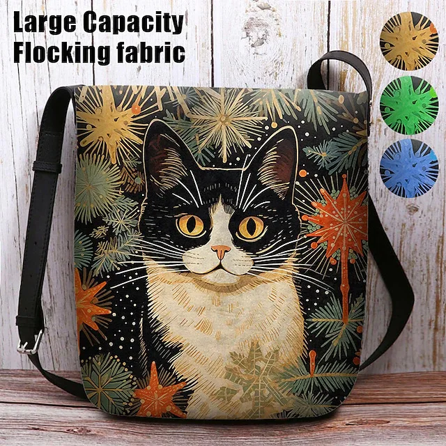 Women Crossbody Bag Flocking Fabric Polyester Cute Cat Print Lightweight Durable for Phone Cosmetics