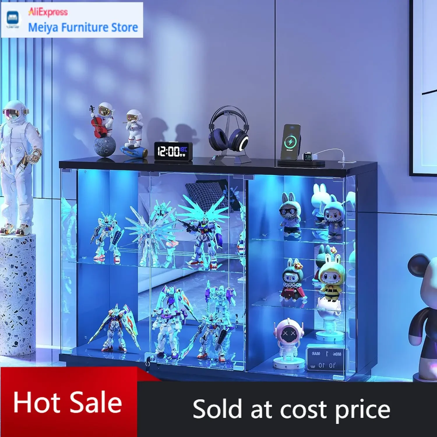Black Lockable Glass Display Cabinet With LED Light Human Body Sensor Glossy Sideboard Glass Shelves For Toys Books Collectibles