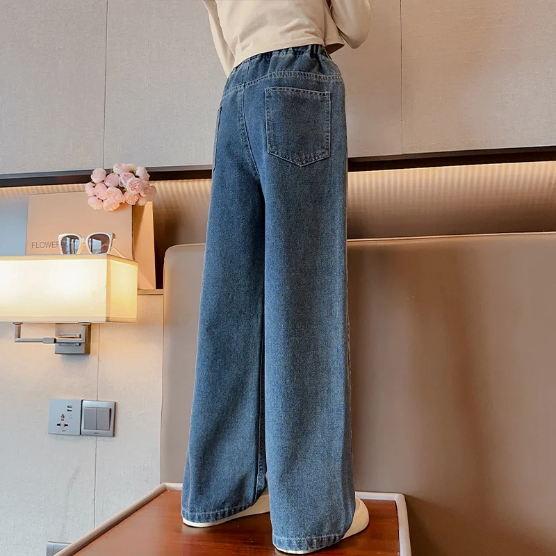 Kids Vintage Blue Jeans with Buttons For Teen Girls Elegant Straight Denim Pants Teenager Child Retro Casual Jeans Trousers 5-14