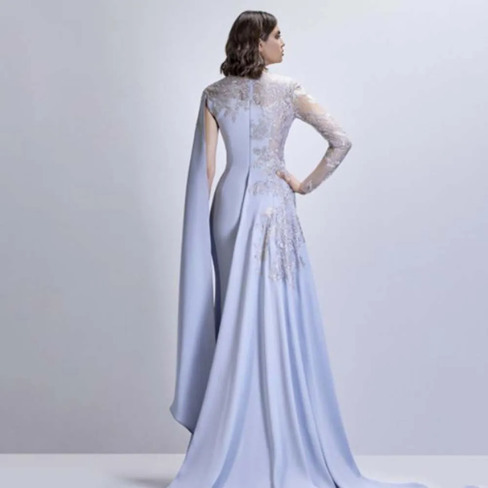 Exquisite Blue Evening Party Dresses Full Sleeves Floor Length High Side Split Appliques Illusion Women Prom Banquet Gowns