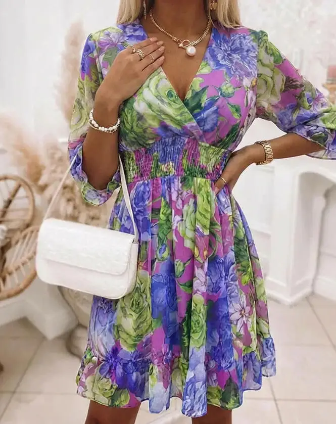 

Women Dresses 2026 Spring New Fashion Print V-Neck Three-Quarters Sleeve Shirred High Waist Ruffled Hem Daily Casual Mini Dress