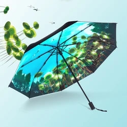 Lake view three fold folding umbrella travel pastoral breeze small fresh black rubber sun protection umbrella for men and women