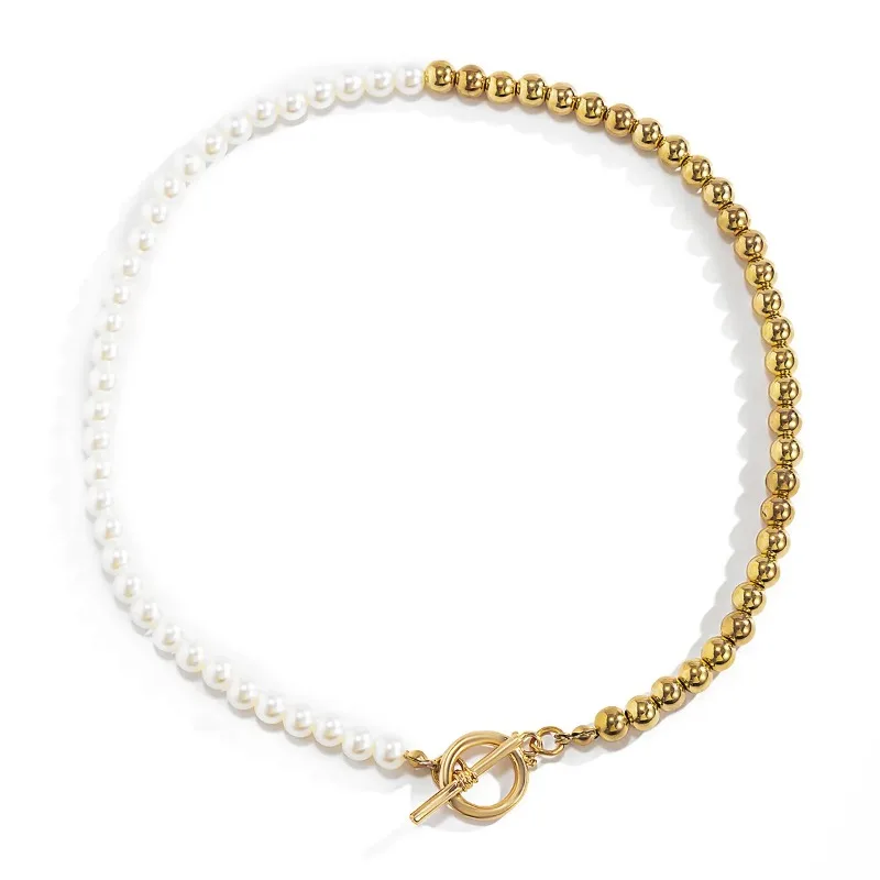 Minar Classic Imitation Pearl Beads Asymmetric Beaded Necklace for Women Gold Plated Alloy CCB Strand Toggle Clasp Circle Choker