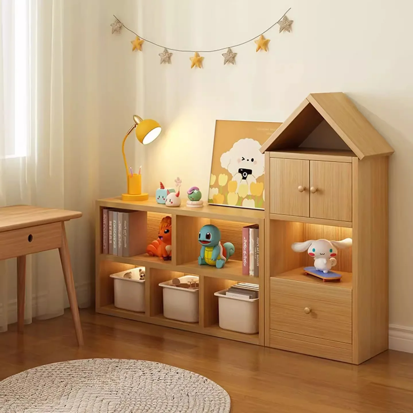 

Kids Bookcase Solid Wood Children's Storage Cabinet Little House Shape Toddler Shelf with Anti-Tip Device kindeygarten use