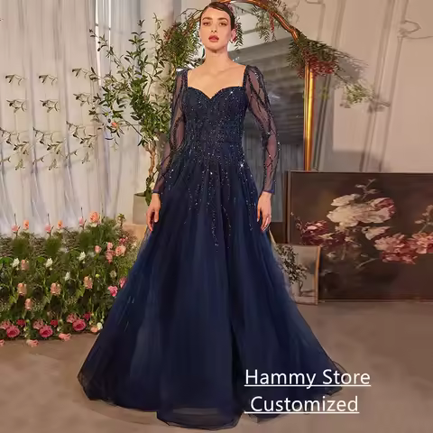 Shinny Evening Dress Customized Sweetheart Long Sleeves Beading Sequined A Line Tulle Prom Gown Formal Party Dresses