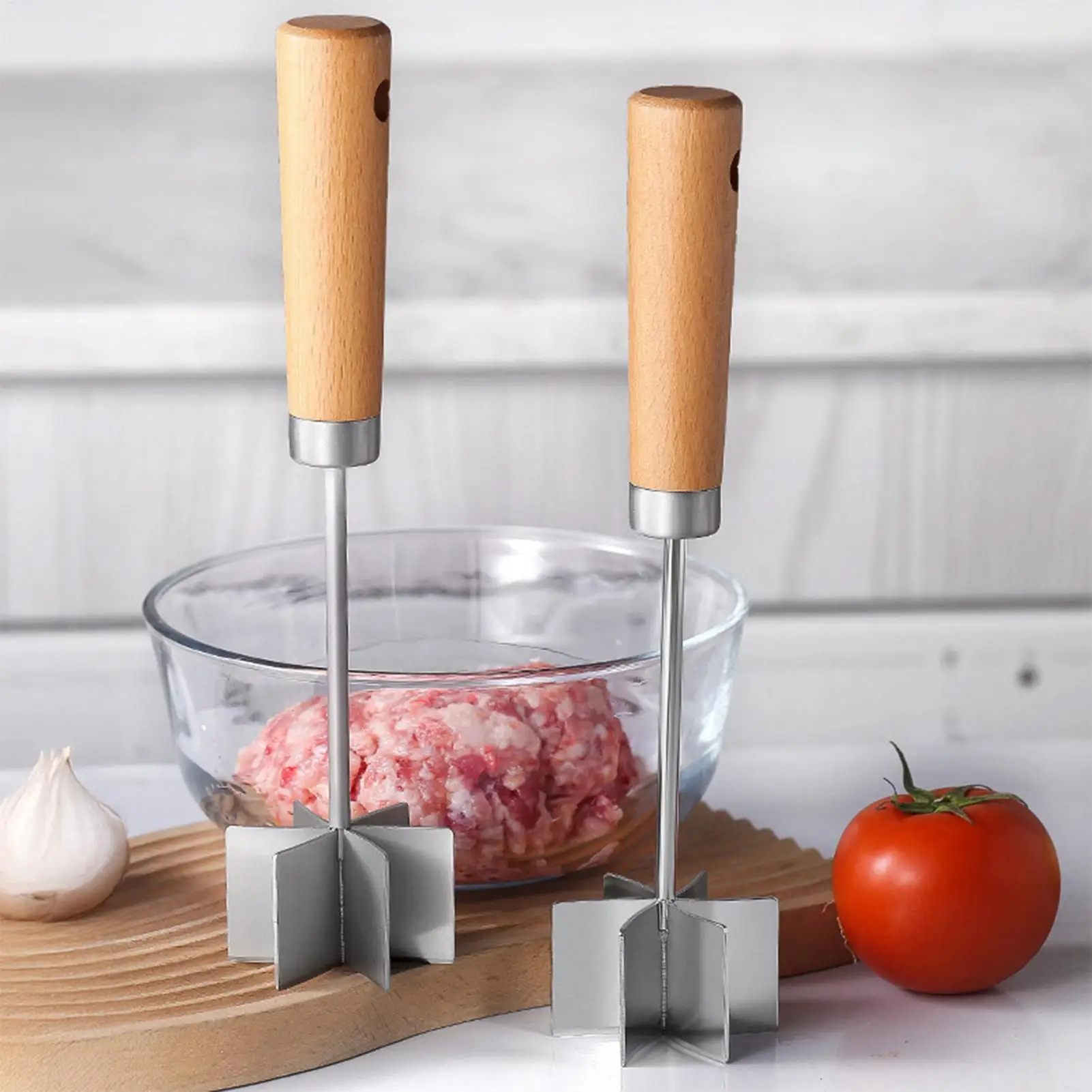 Picadora de Carne de Acero Inoxidable con Mango de Madera, Molinillo de Alimentos Resistente, Herramienta de Cocina para Carne Molida, Elaboración de Hamburguesas y Salchichas