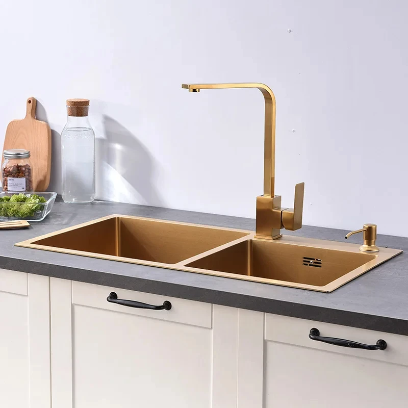 CX102CC Gold Kitchen Sink Above Counter or Undermount double Bowl Goldn Basket Drainer Soap Dispenser Basin 304 Stainless Steel