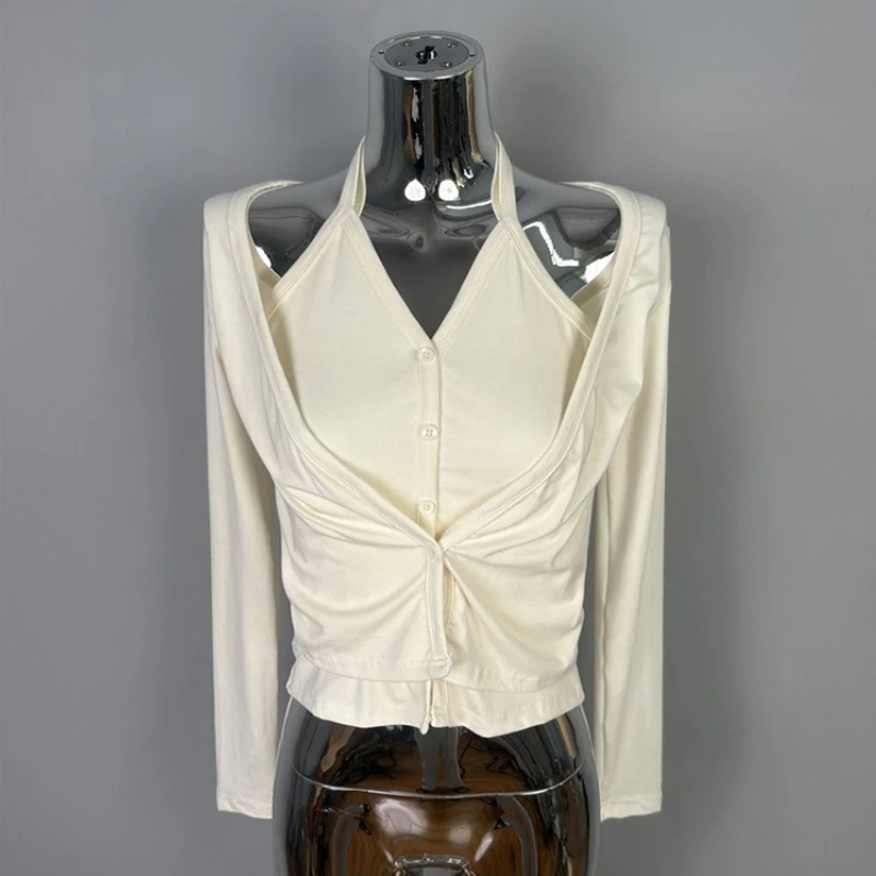 Korean Dongdaemun Halter Neck Long Sleeve T-Shirt Sexy Hottie Slim Fit Versatile Elegant Women's Top Spring New Solid Knit Tees