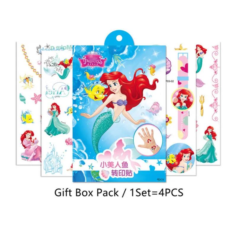 Disney Kids Temporary Tattoo Stickers Baby Girl Toy Princess Mermaid Body Art Waterproof Tattoo Stickers With Gift Box