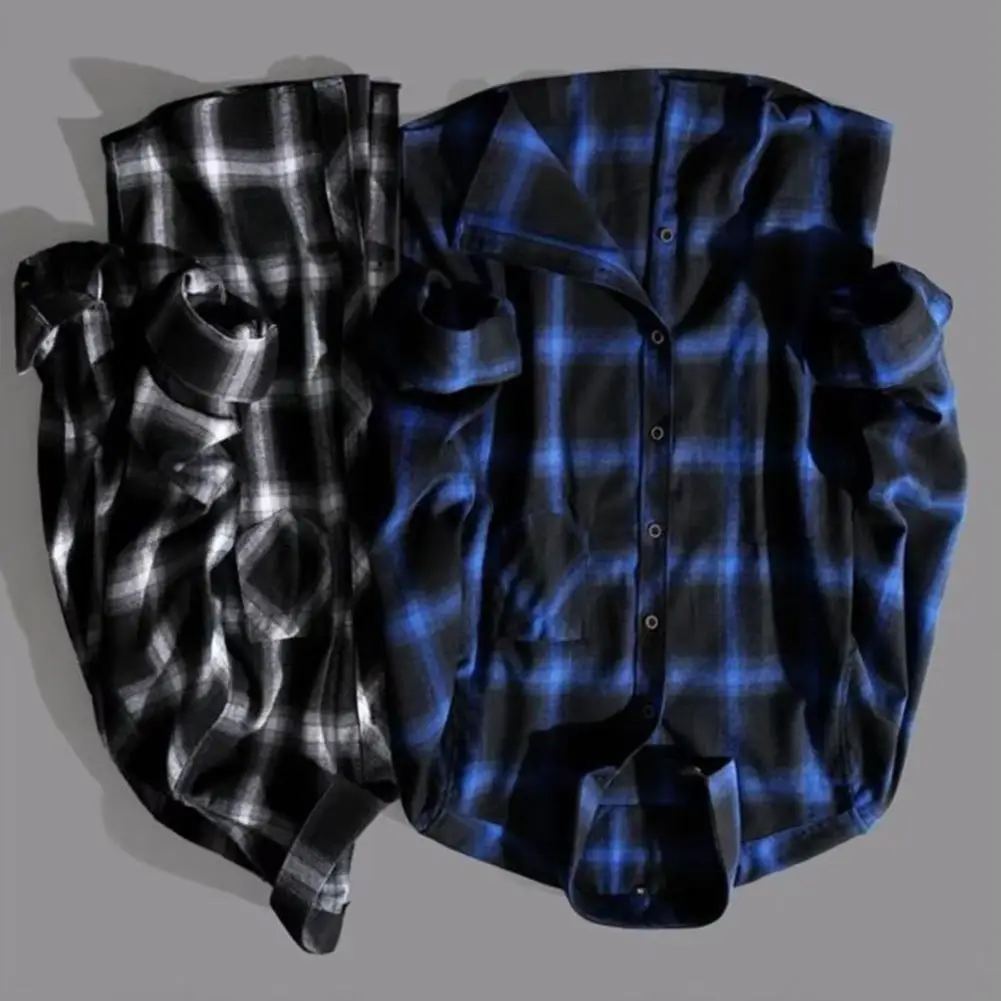 Men Spring Shirt Plaid Print Long Sleeves Contrast Colors Turn-down Collar Lapel Warm Single-breasted Color Matching Buttons Aut