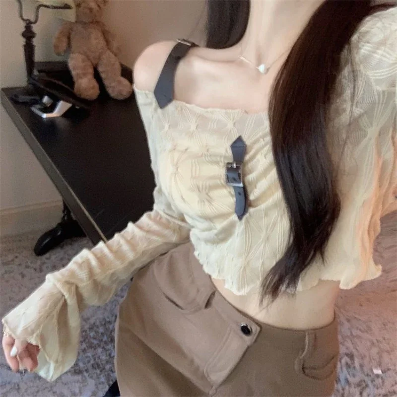 Women Slash Neck Blouse Club Y2k Long Sleeve Perspective Crop Tops Sexy Spring Simple Spicy Girls Adjustment Korean Style Design