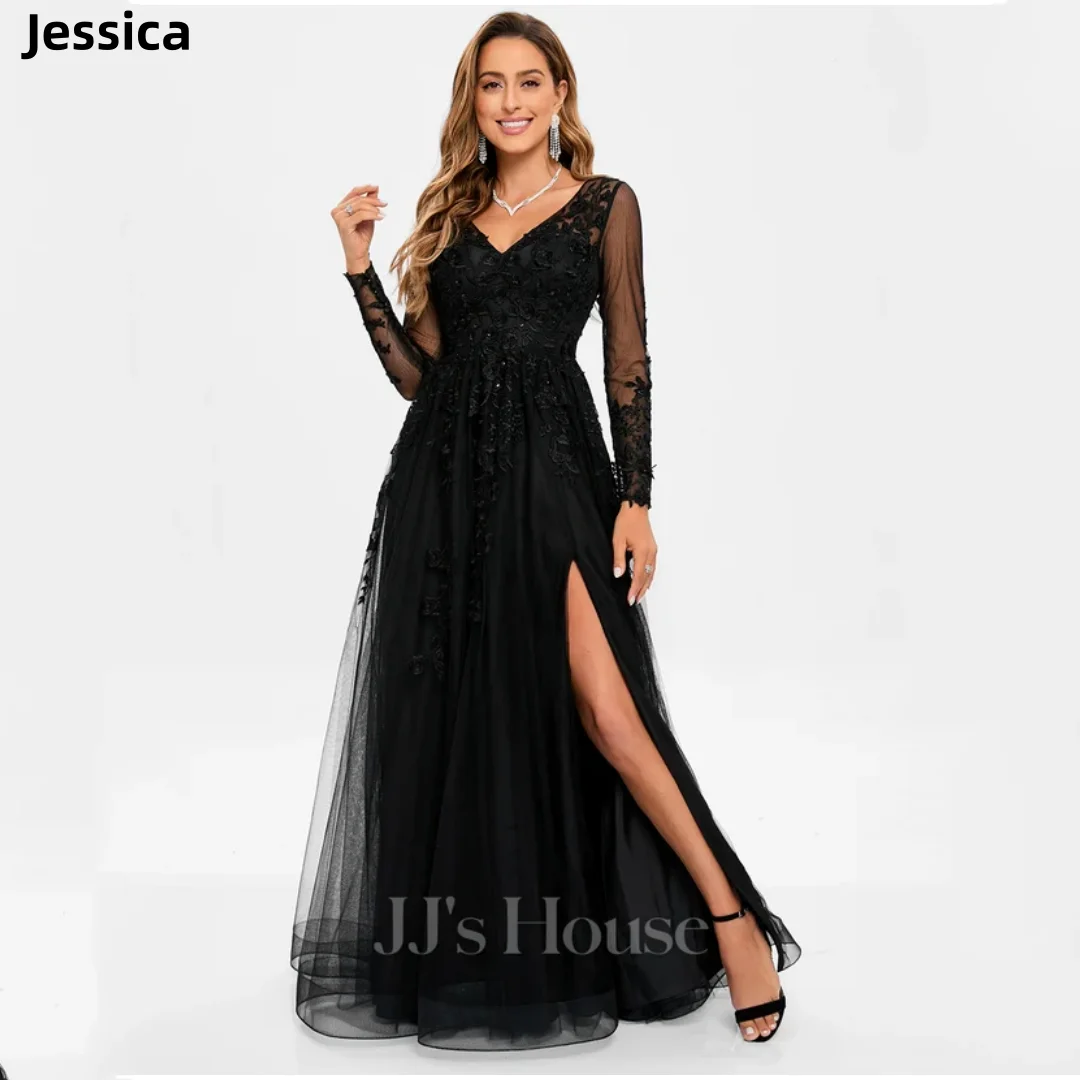 Jessica Lace Long Sleeves Embroidery Prom Dresses V-neck Tulle Wedding Dress Formal Occasions Robes De Soirée Customized 2025