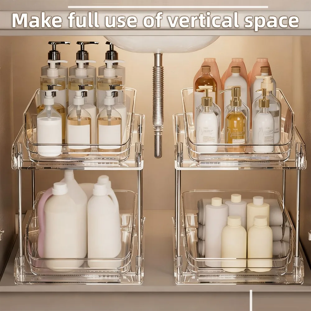 PET Under Sink Organizer Transparent 2 Tier Pull Out Storage Shelf Pull Out Design Multi Purpose CD Holder Stand Kitchen Storage