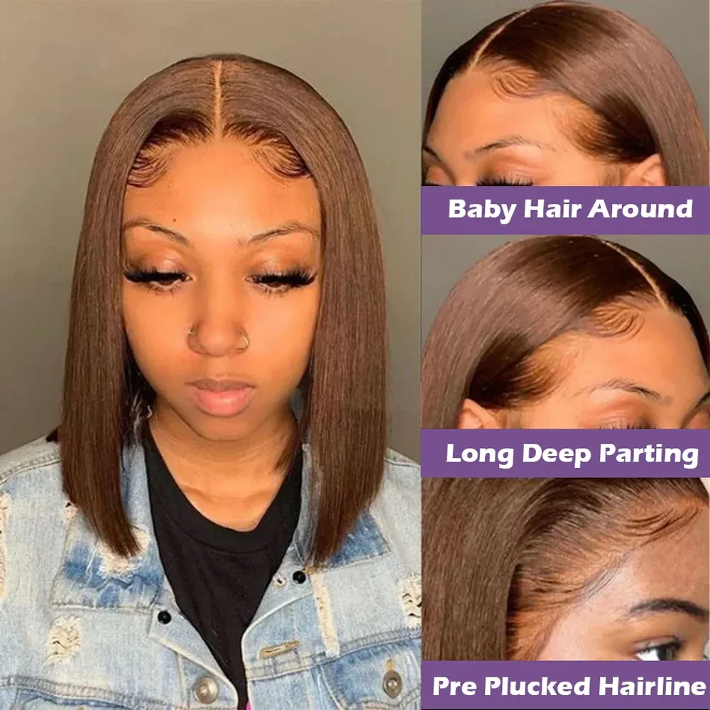 200 الكثافة 4 بوب الشوكولاته براون الدانتيل الجبهة خصلات الشعر المستعار الإنسان للنساء شعر الإنسان البرازيلي رخيصة مستقيم قصير بوب شعر مستعار 14 بوصة #2